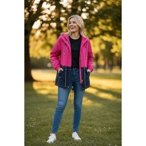 Crown & Ivy Petite Pink Navy Hooded Rain Jacket Womens Lightweight Coat Size LP